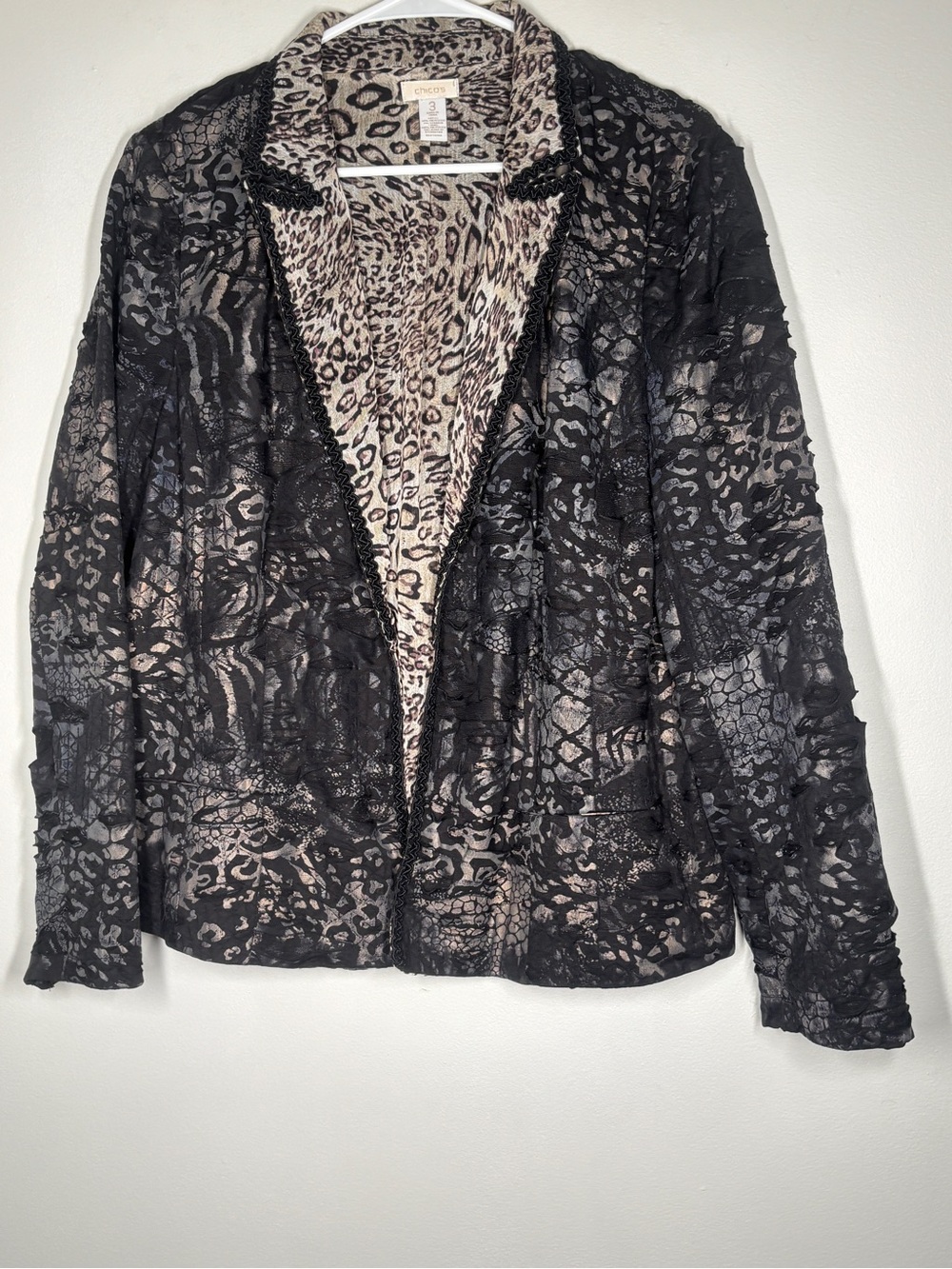 Chico's Black and Nude Animal-Print Open Front Jacket